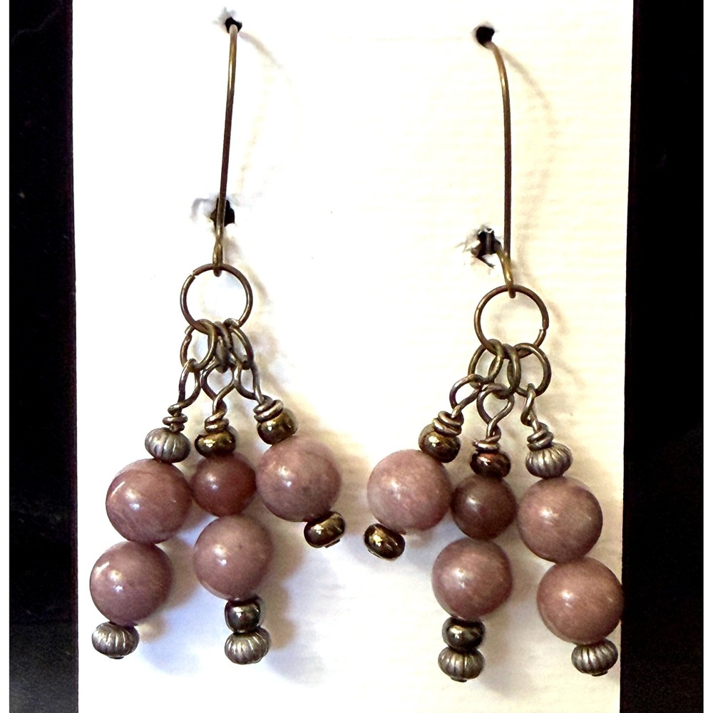 Stone Bead Brass Dangle Earrings Mauve Purple NEW Stephanie Aune Handmade